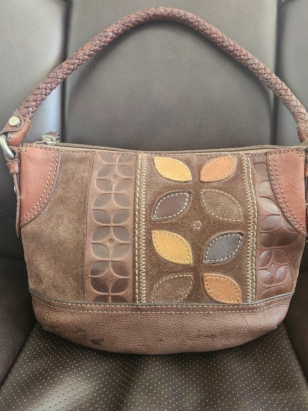 Fossil Leather Hobo - Braided Leather Strap and  Suede/Leather Leaf detail